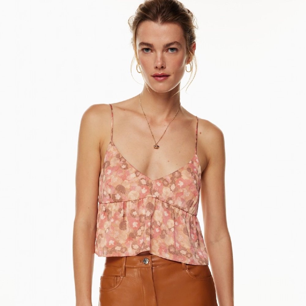 Wilfred Aritzia Japanese Satin Floral Pink and Grey Camisole Top